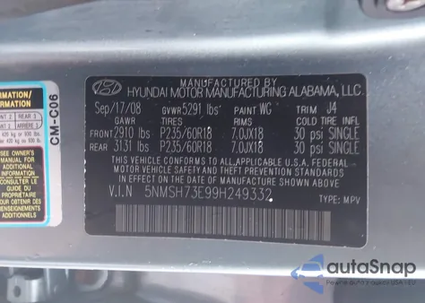 2009 Hyundai Santa Fe Se from USA, damaged, VIN 5NMSH73E99H249332